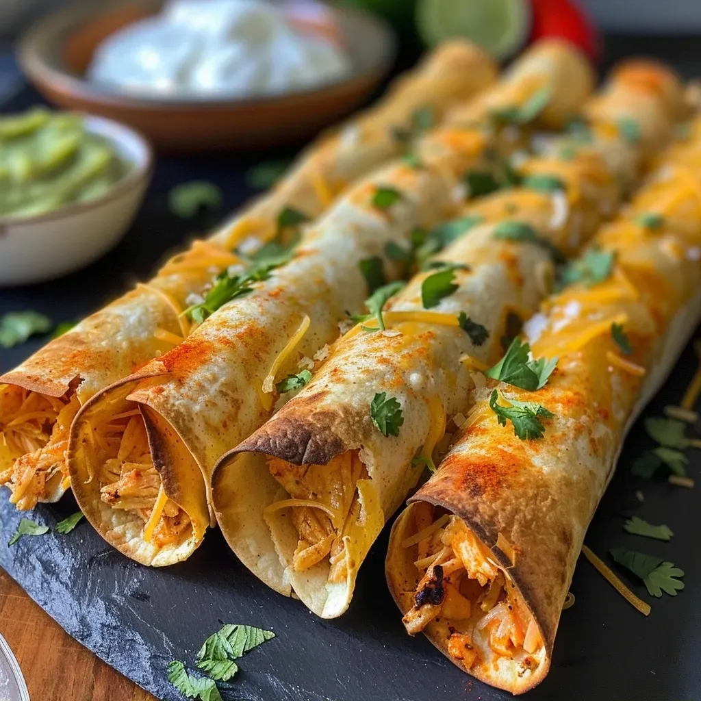 ['Close-up view of crispy chicken taquitos filled with shredded chicken and topped with cheese.', 'Side angle of golden-brown chicken taquitos garnished with fresh tomatoes and creamy sauce.', 'Delicious chicken taquitos arranged on a plate, showcasing the juicy filling and crispy exterior.', 'Appetizing chicken taquitos viewed from the side, highlighting their texture and toppings.']
