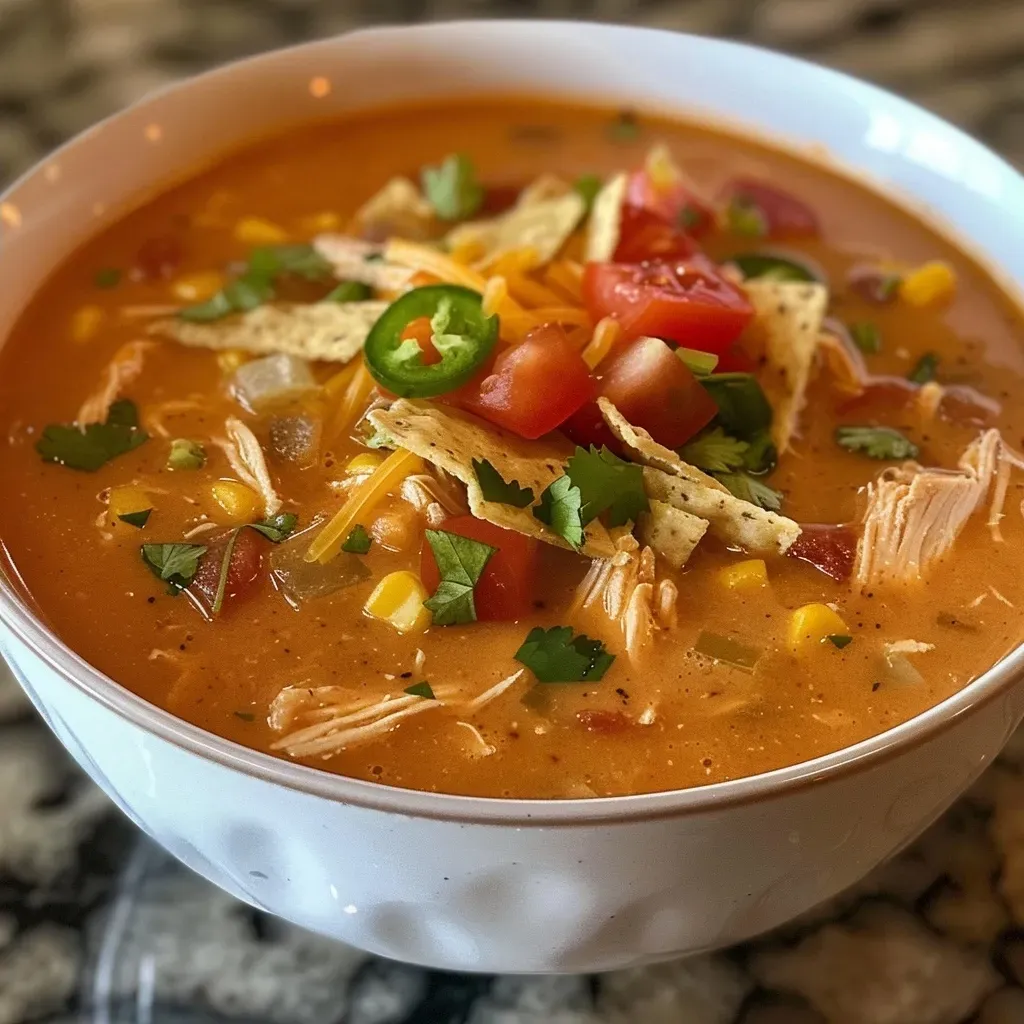 ['Close-up view of a bowl filled with Chicken Tortilla Soup topped with tortilla strips and garnished with cilantro.', 'Side view of Chicken Tortilla Soup showing vibrant colors of diced vegetables and shredded chicken.', 'A delicious bowl of Chicken Tortilla Soup with a lime wedge and avocado slices on top.', 'Hearty Chicken Tortilla Soup in a bowl, showcasing the various ingredients like black beans and corn.']