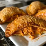 ['Close-up view of golden-brown Chipotle Chicken Empanadas with a flaky crust.', 'Side view of juicy Chipotle Chicken Empanadas, showcasing a crispy exterior.', 'Deliciously stuffed empanadas filled with shredded chicken and spices, displayed on a plate.', 'A close-up of two Chipotle Chicken Empanadas emphasizing the filling and texture.']