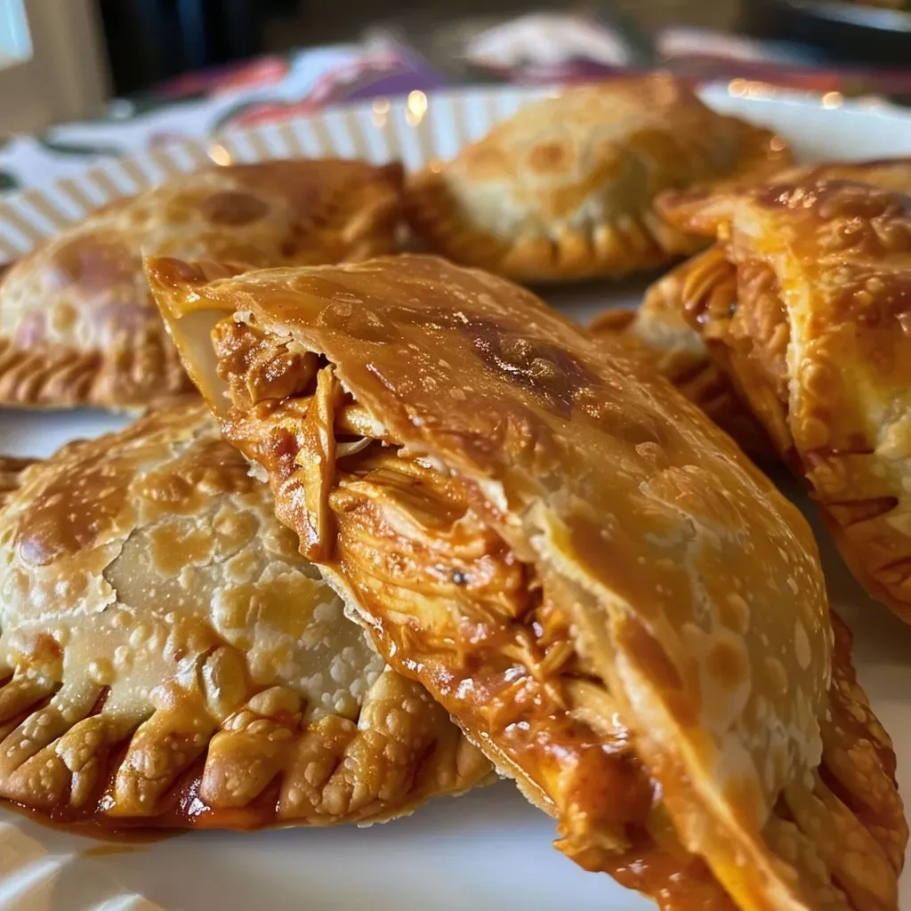 ['Close-up view of golden-brown Chipotle Chicken Empanadas with a flaky crust.', 'Side view of juicy Chipotle Chicken Empanadas, showcasing a crispy exterior.', 'Deliciously stuffed empanadas filled with shredded chicken and spices, displayed on a plate.', 'A close-up of two Chipotle Chicken Empanadas emphasizing the filling and texture.']