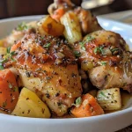 ['Juicy cider braised chicken thighs garnished with herbs, served on a rustic wooden plate.', 'Close-up view of golden-brown cider braised chicken with vegetables, showcasing tender meat.', 'A succulent serving of cider braised chicken alongside carrots and onions, captured in bright lighting.', 'Delicious cider braised chicken dish, beautifully arranged on a plate with a rich sauce.']