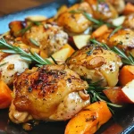 ['Close-up view of juicy cider glazed chicken thighs garnished with rosemary.', 'Side view of succulent chicken thighs glazed with cider sauce, surrounded by sweet potatoes and apples.', 'Detailed image of caramelized chicken thighs drizzled with cider glaze, resting on a bed of vegetables.', 'Juicy chicken thighs with a shiny cider glaze, accompanied by sliced apples and rosemary sprigs.']