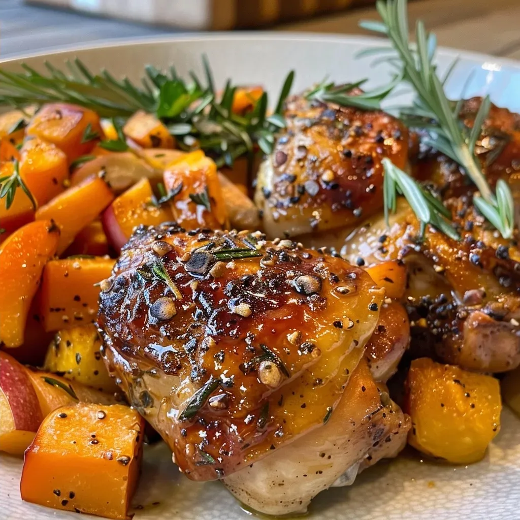 ['Close-up view of juicy cider glazed chicken thighs garnished with rosemary.', 'Side view of succulent chicken thighs glazed with cider sauce, surrounded by sweet potatoes and apples.', 'Detailed image of caramelized chicken thighs drizzled with cider glaze, resting on a bed of vegetables.', 'Juicy chicken thighs with a shiny cider glaze, accompanied by sliced apples and rosemary sprigs.']