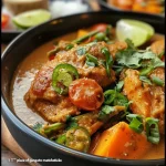 ['Close-up view of Coconut Curry Chicken with vibrant pumpkin and cherry tomatoes.', 'Side angle shot of juicy chicken thighs in a rich coconut curry sauce with scallions.', 'Detailed image of Coconut Curry Chicken featuring creamy pumpkin puree and spices.', 'Colorful display of Coconut Curry Chicken with fresh cilantro and sliced lime.']
