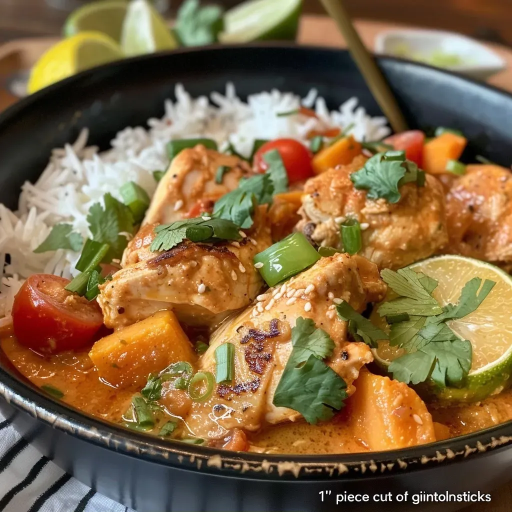 ['Close-up view of Coconut Curry Chicken with vibrant pumpkin and cherry tomatoes.', 'Side angle shot of juicy chicken thighs in a rich coconut curry sauce with scallions.', 'Detailed image of Coconut Curry Chicken featuring creamy pumpkin puree and spices.', 'Colorful display of Coconut Curry Chicken with fresh cilantro and sliced lime.']
