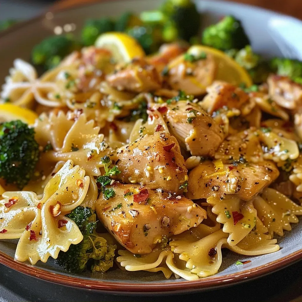['A close-up view of Cowboy Butter Lemon Bowtie Chicken with broccoli on a plate.', 'Juicy bowtie pasta mixed with chicken and broccoli in a lemon sauce, side view.', 'A vibrant dish featuring bowtie pasta, succulent chicken, and fresh broccoli garnished with herbs.', 'Close view of a delicious serving of Cowboy Butter Lemon Bowtie Chicken alongside broccoli.']