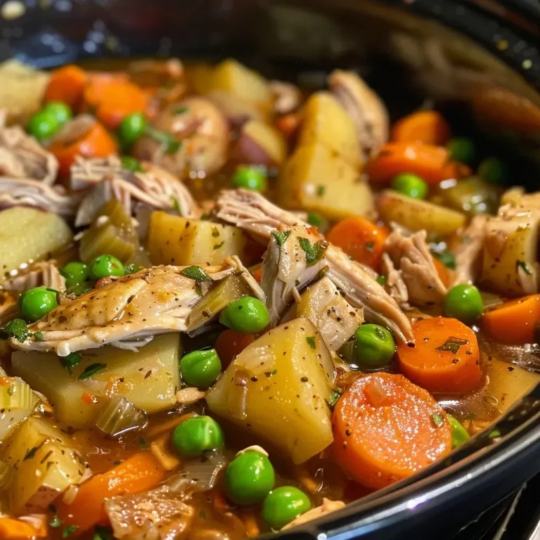 ['A close-up side view of a bowl filled with Cozy Slow Cooker Chicken Stew, showcasing tender chicken, colorful vegetables, and creamy broth.', 'A mouthwatering close-up of Cozy Slow Cooker Chicken Stew with chicken pieces, carrots, celery, and peas in a creamy sauce.', 'A delicious bowl of slow cooker chicken stew featuring chicken breasts, vibrant carrots, and green peas, all in a luscious broth.', 'A steaming bowl of chicken stew, highlighting the ingredients like potatoes, carrots, and peas in a rich, creamy texture.']