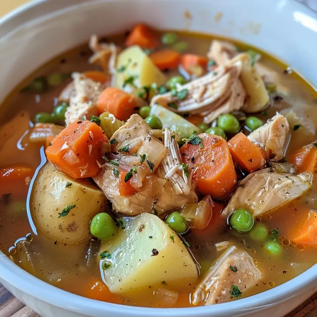 ['A close-up side view of a bowl filled with Cozy Slow Cooker Chicken Stew, showcasing tender chicken, colorful vegetables, and creamy broth.', 'A mouthwatering close-up of Cozy Slow Cooker Chicken Stew with chicken pieces, carrots, celery, and peas in a creamy sauce.', 'A delicious bowl of slow cooker chicken stew featuring chicken breasts, vibrant carrots, and green peas, all in a luscious broth.', 'A steaming bowl of chicken stew, highlighting the ingredients like potatoes, carrots, and peas in a rich, creamy texture.']