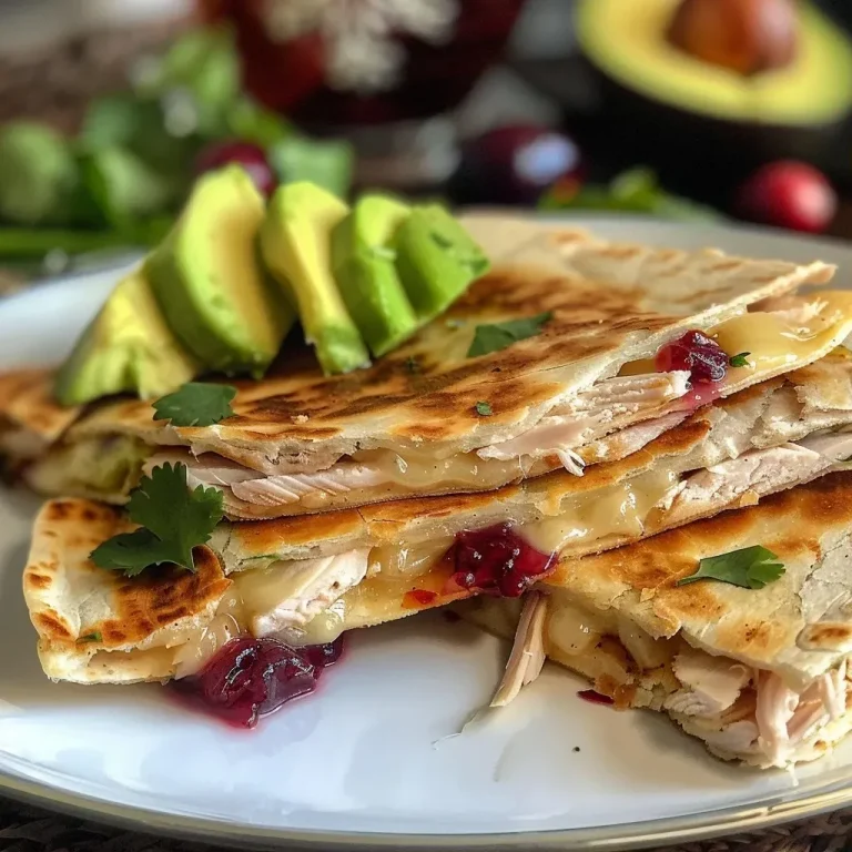 ['Close-up side view of a Cranberry Brie Turkey Quesadilla with melted cheese and filling.', 'A juicy Cranberry Brie Turkey Quesadilla cut into wedges, showcasing its ingredients.', 'Detailed shot of a toasted quesadilla filled with brie, turkey, cranberry sauce, and avocado.', 'Side view of a Cranberry Brie Turkey Quesadilla with visible layers of filling and toppings.']