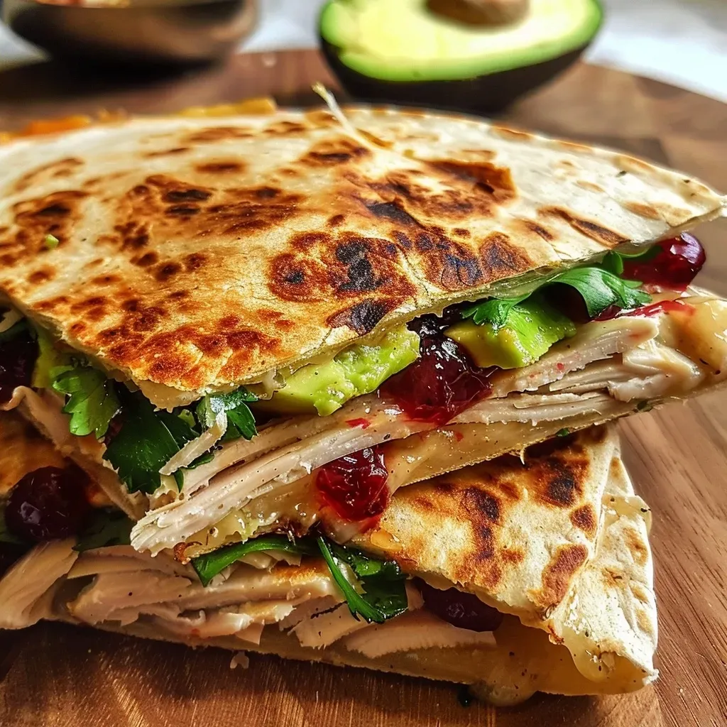 ['Close-up side view of a Cranberry Brie Turkey Quesadilla with melted cheese and filling.', 'A juicy Cranberry Brie Turkey Quesadilla cut into wedges, showcasing its ingredients.', 'Detailed shot of a toasted quesadilla filled with brie, turkey, cranberry sauce, and avocado.', 'Side view of a Cranberry Brie Turkey Quesadilla with visible layers of filling and toppings.']