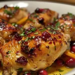 ['Juicy cranberry orange chicken garnished with fresh cranberries, served on a white plate.', 'Close-up of tender chicken breasts coated in a glossy cranberry orange sauce, with a side of herbs.', 'Succulent chicken drizzled with a vibrant cranberry and orange glaze, presented with a slice of orange.', 'A delicious serving of cranberry orange chicken, showcasing the juicy texture and bright colors.']