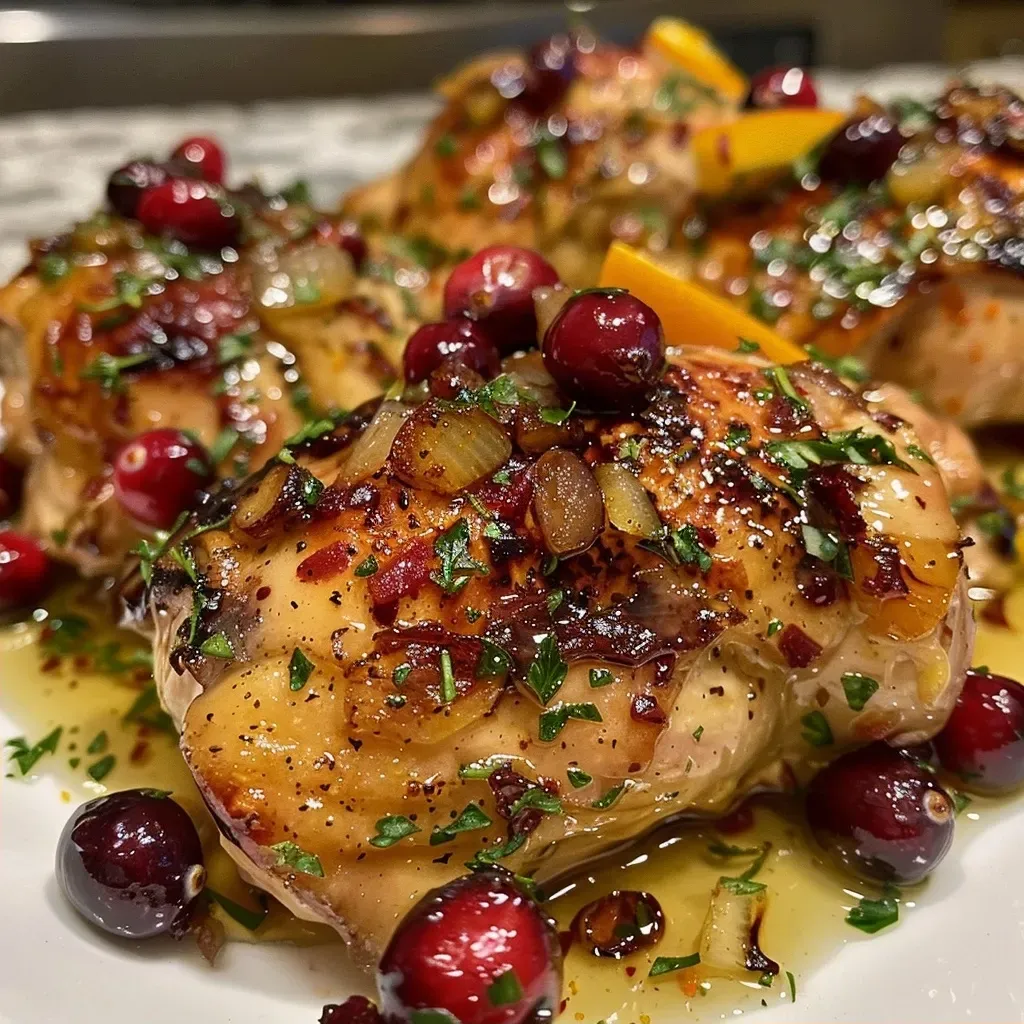 ['Juicy cranberry orange chicken with garnished cranberries and orange slices.', 'Close-up side view of chicken thighs glazed with cranberry orange sauce.', 'Tender, juicy chicken thighs topped with fresh cranberries and orange zest.', 'A vibrant and delicious cranberry orange chicken dish ready to serve.']