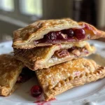 ['A close-up side view of golden-brown cranberry pear hand pies with flaky crusts.', 'Juicy cranberry pear hand pies arranged on a plate, showcasing their crispy edges.', 'A detailed view of baked hand pies filled with red cranberries and chunks of pear.', 'A side perspective of served cranberry pear hand pies with a glossy finish.']