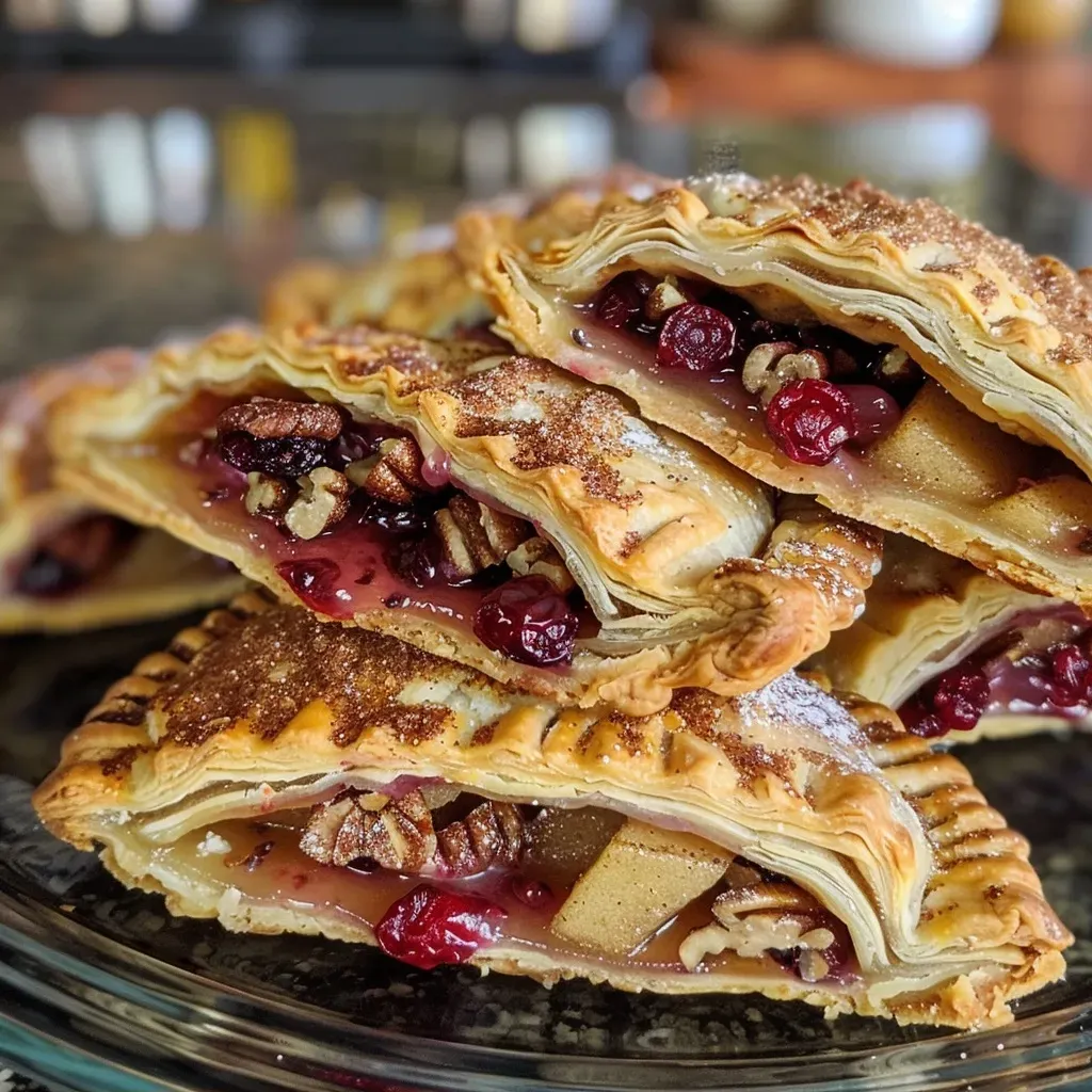 ['A close-up side view of golden-brown cranberry pear hand pies with flaky crusts.', 'Juicy cranberry pear hand pies arranged on a plate, showcasing their crispy edges.', 'A detailed view of baked hand pies filled with red cranberries and chunks of pear.', 'A side perspective of served cranberry pear hand pies with a glossy finish.']