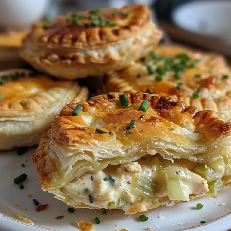 ['Close-up view of creamy cheesy mini chicken pies on a wooden surface.', 'Side view of golden brown mini chicken hand pies filled with creamy chicken mixture.', 'Juicy mini chicken pies with a flaky crust and melted cheese visible on the sides.', 'Delicious chicken hand pies with a golden crust, placed appetizingly on a rustic table.']