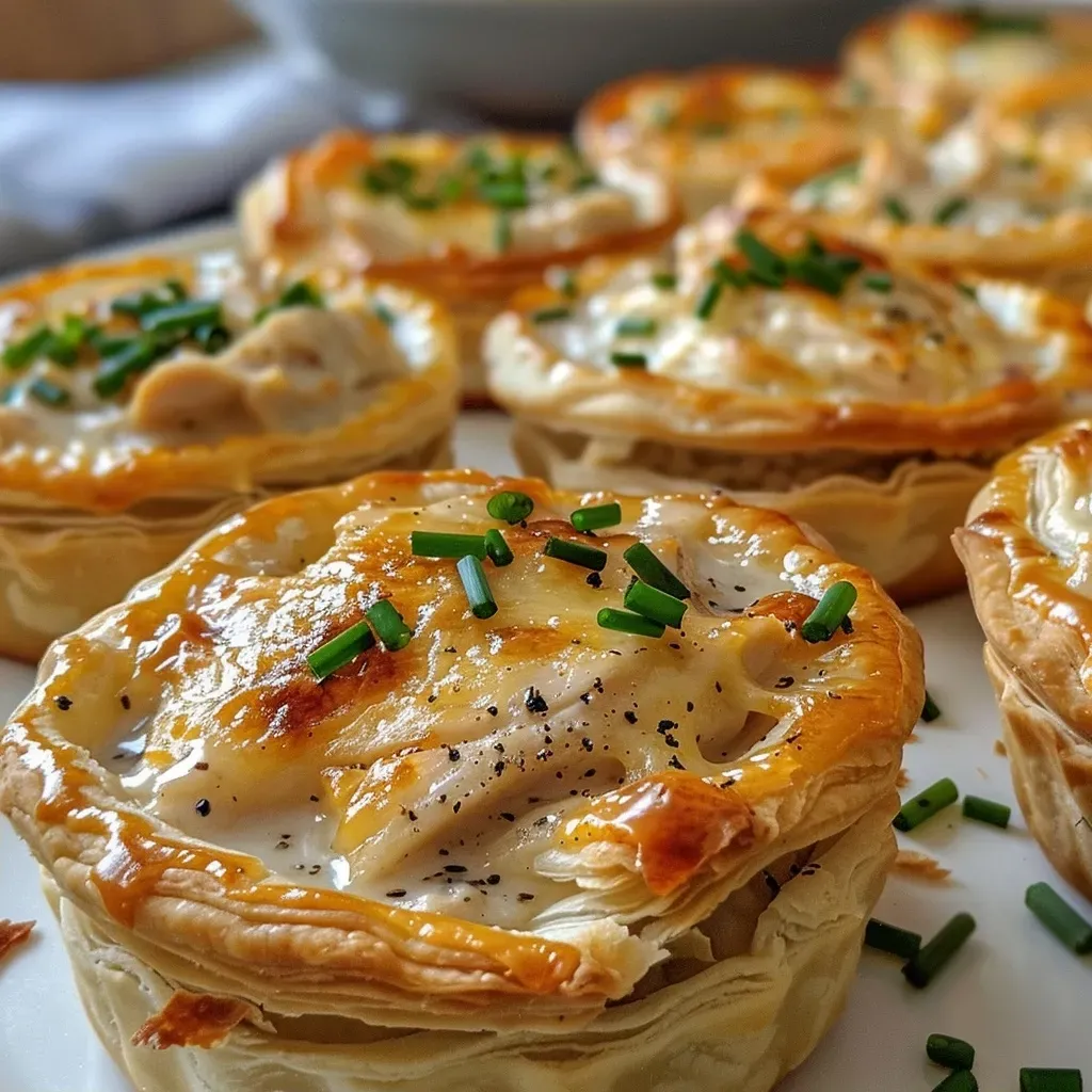 ['Close-up view of creamy cheesy mini chicken pies on a wooden surface.', 'Side view of golden brown mini chicken hand pies filled with creamy chicken mixture.', 'Juicy mini chicken pies with a flaky crust and melted cheese visible on the sides.', 'Delicious chicken hand pies with a golden crust, placed appetizingly on a rustic table.']