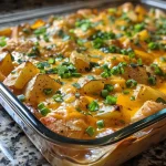 ['Close-up view of a creamy chipotle potato and chicken casserole in a baking dish, featuring golden-brown cheese on top.', 'Side view of a delectable creamy chipotle potato and chicken casserole, showcasing diced potatoes and chunks of chicken.', 'Juicy creamy chipotle casserole filled with potatoes and chicken, topped with melted cheddar cheese and garnished with green onions.', 'Vibrant close-up of a potato and chicken casserole, highlighting its creamy texture and colorful ingredients.']