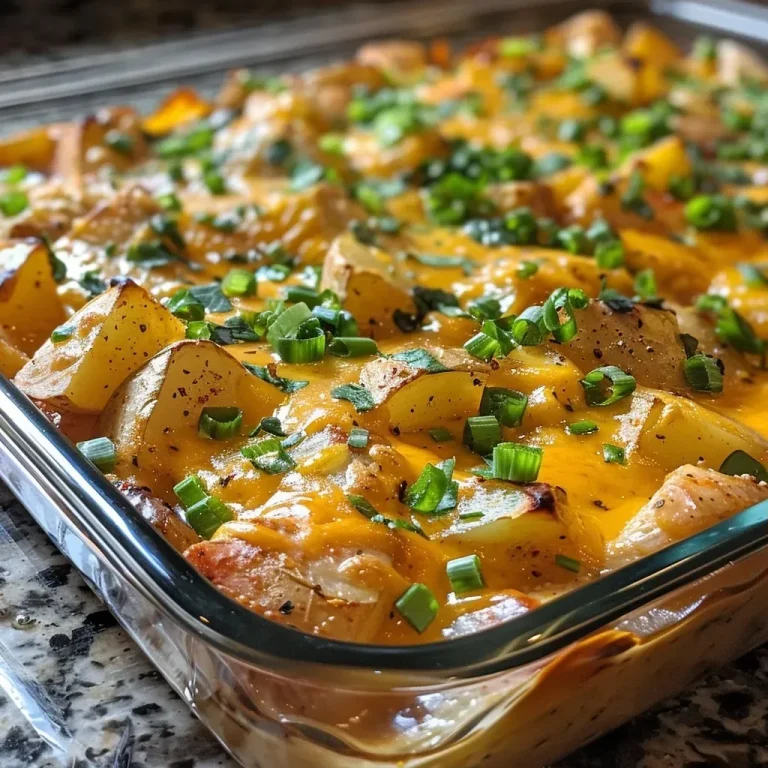 ['Close-up view of a creamy chipotle potato and chicken casserole in a baking dish, featuring golden-brown cheese on top.', 'Side view of a delectable creamy chipotle potato and chicken casserole, showcasing diced potatoes and chunks of chicken.', 'Juicy creamy chipotle casserole filled with potatoes and chicken, topped with melted cheddar cheese and garnished with green onions.', 'Vibrant close-up of a potato and chicken casserole, highlighting its creamy texture and colorful ingredients.']