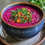 ['A close-up view of creamy roasted beet soup in a bowl.', 'Creamy roasted beet soup with vibrant colors presented in a rustic bowl.', 'A side view of beet soup topped with a drizzle of cream.', 'Smooth, creamy beet soup garnished with herbs and spices.']