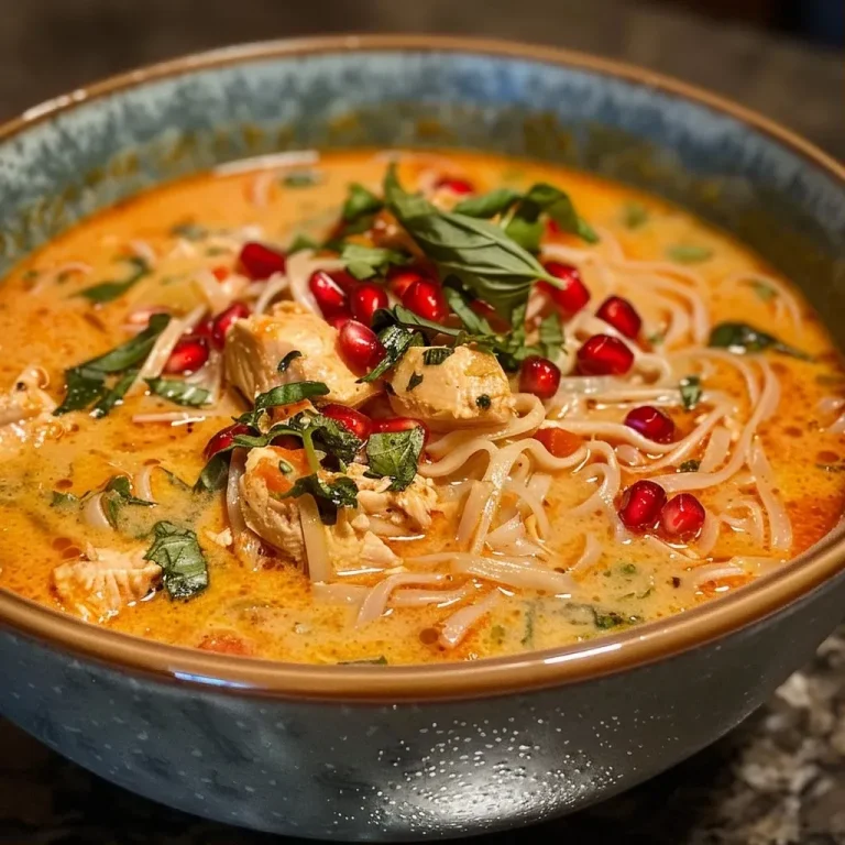 ['Close-up of a creamy Thai red curry chicken noodle soup with vibrant colors and ingredients visible.', 'Side view of a bowl filled with creamy Thai red curry chicken noodle soup topped with herbs and pomegranate arils.', 'A beautifully presented bowl of Thai red curry chicken noodle soup, highlighting its rich color and texture.', 'Delicious creamy Thai red curry chicken noodle soup garnished with fresh basil and pomegranate seeds.']