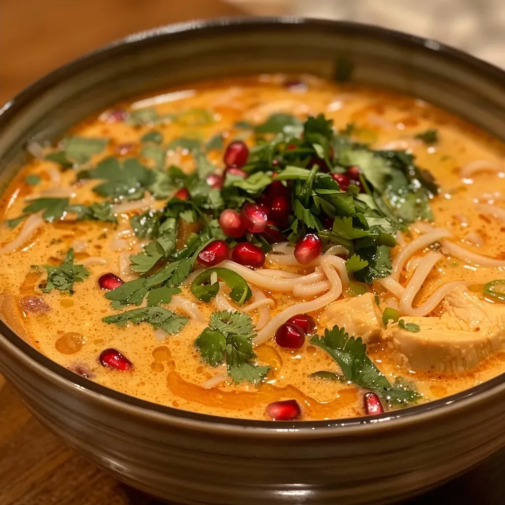 ['Close-up of a creamy Thai red curry chicken noodle soup with vibrant colors and ingredients visible.', 'Side view of a bowl filled with creamy Thai red curry chicken noodle soup topped with herbs and pomegranate arils.', 'A beautifully presented bowl of Thai red curry chicken noodle soup, highlighting its rich color and texture.', 'Delicious creamy Thai red curry chicken noodle soup garnished with fresh basil and pomegranate seeds.']