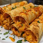['A close-up side view of crispy baked chicken taquitos with melted cheese visible.', 'Juicy chicken taquitos arranged neatly, showcasing their crispy golden-brown exterior.', 'A delicious display of taquitos with visible filling and a sprinkle of spices on top.', 'Close-up of baked taquitos, highlighting the crunchy texture and flavorful ingredients inside.']