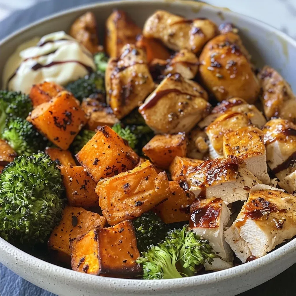 ['Close-up of a bowl featuring crispy chicken, roasted sweet potato, and broccoli.', 'Side view of a delicious crispy chicken bowl with vibrant sweet potatoes and green broccoli.', 'Juicy crispy chicken served with colorful roasted sweet potatoes and a drizzle of balsamic vinegar.', 'A healthy bowl showcasing succulent chicken, cubed sweet potatoes, and broccoli florets.']