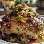 ['Juicy, golden-brown chicken breasts topped with cranberry sauce and surrounded by stuffing mix.', 'Close-up of Crockpot Cranberry Chicken, featuring tender chicken and a vibrant cranberry sauce glaze.', 'Side view of succulent chicken in a sauce, garnished with stuffing mix and cranberry highlights.', 'A delicious serving of cranberry chicken, showcasing its glossy sauce and hearty stuffing.']