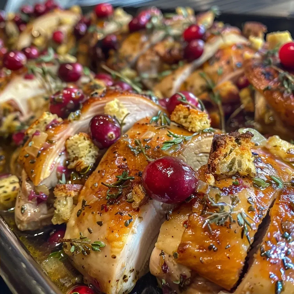['Juicy, golden-brown chicken breasts topped with cranberry sauce and surrounded by stuffing mix.', 'Close-up of Crockpot Cranberry Chicken, featuring tender chicken and a vibrant cranberry sauce glaze.', 'Side view of succulent chicken in a sauce, garnished with stuffing mix and cranberry highlights.', 'A delicious serving of cranberry chicken, showcasing its glossy sauce and hearty stuffing.']