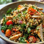 ['A vibrant bowl of Curried Wheat Berry Chicken Salad with colorful ingredients.', 'Close-up side view of a hearty chicken salad featuring wheat berries and fresh vegetables.', 'A tantalizing dish of Curried Wheat Berry Chicken Salad, showcasing cherry tomatoes and walnuts.', 'A detailed shot of Curried Wheat Berry Chicken Salad with a mix of greens and spices.']