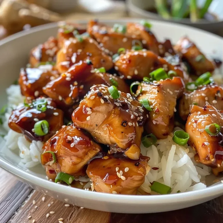 ['Close-up view of juicy bourbon chicken pieces on a plate, garnished with green onions.', 'Side view of tender chunks of bourbon chicken, glistening in a sweet and savory sauce.', 'Detailed shot of bourbon chicken served over rice, with a rich, dark sauce.', 'Appetizing close-up of cooked bourbon chicken, showcasing its shiny glaze and texture.']