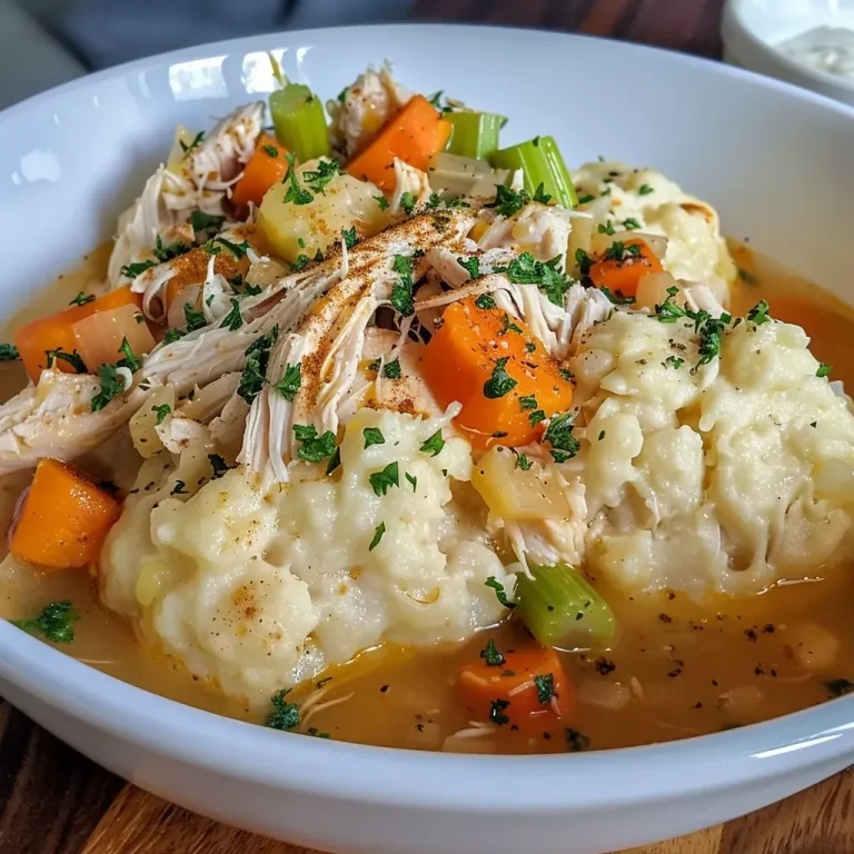 ['Close-up of a bowl of Chicken and Dumplings with golden dumplings and shredded chicken.', 'Side view image of a hearty Chicken and Dumplings dish, featuring juicy pieces of chicken and vegetables.', 'Appetizing bowl of Chicken and Dumplings showcasing tender dumplings and diced carrots.', 'Delicious Chicken and Dumplings filling the frame, highlighting creamy broth and fresh ingredients.']