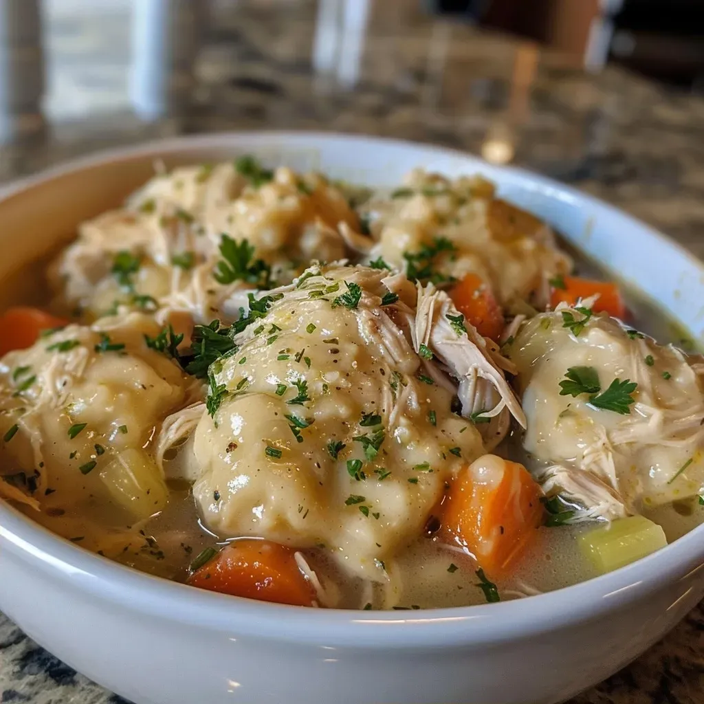 Close-up of a bowl of Chicken and Dumplings with golden dumplings and shredded chicken.