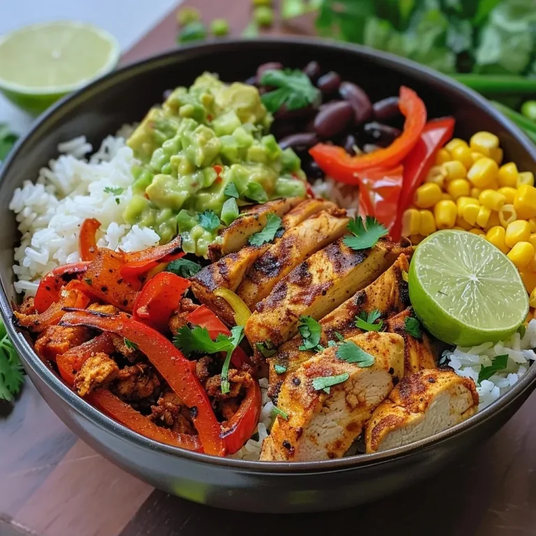['Close-up of Easy Chicken Fajita Bowls featuring chicken, colorful bell peppers, and rice.', 'Juicy chicken fajita bowl with sliced vegetables, rice, and toppings displayed from the side.', 'Side view of a vibrant chicken fajita bowl, showcasing fresh ingredients and garnishes.', 'Detailed shot of a hearty chicken fajita bowl with rice, veggies, and garnishes.']