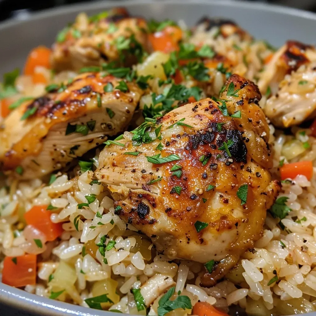 ['Close-up view of juicy chicken rice pilaf with vibrant vegetables.', 'Side angle shot of a delicious chicken rice dish garnished with parsley.', 'Detailed image of Easy Chicken Rice Pilaf featuring cooked chicken and colorful carrots.', 'Savory chicken rice pilaf served with pickles and a dollop of sour cream.']