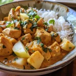 ['Close-up of creamy apple chicken curry in a bowl with vibrant colors.', 'Juicy chicken pieces mixed with apple cubes in a creamy sauce.', 'Side view of a dish featuring Easy Creamy Apple Chicken Curry served in a rustic bowl.', 'A delicious serving of chicken curry with visible chunks of apple and creamy texture.']