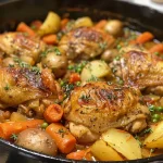 ['A bowl of Dutch oven chicken stew featuring juicy chicken thighs, vibrant vegetables, and herbs.', 'Close-up view of a hearty chicken stew with chunks of carrots, potatoes, and peas.', 'A delicious chicken stew simmering in a Dutch oven, showcasing golden chicken and fresh ingredients.', 'Side view of a rich chicken stew highlighting the texture of the meat and colorful vegetables.']