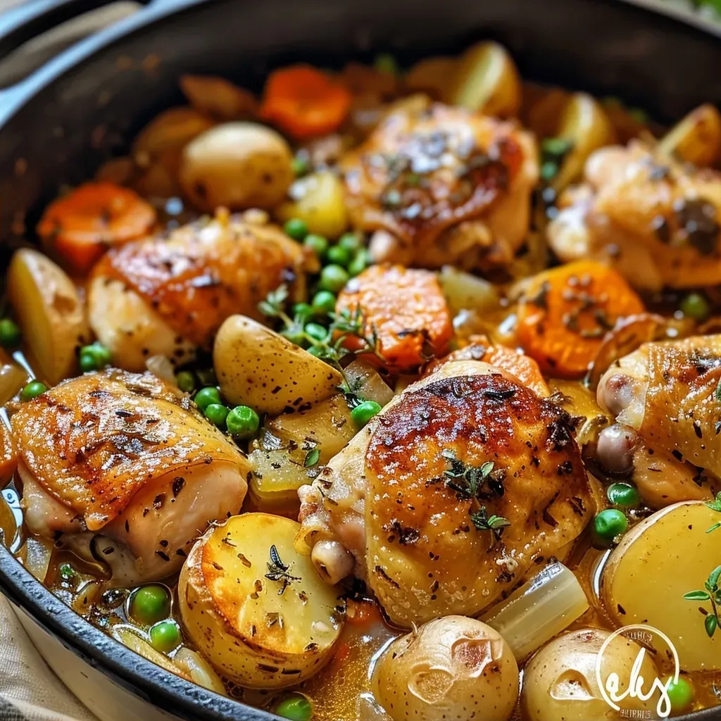 ['A bowl of Dutch oven chicken stew featuring juicy chicken thighs, vibrant vegetables, and herbs.', 'Close-up view of a hearty chicken stew with chunks of carrots, potatoes, and peas.', 'A delicious chicken stew simmering in a Dutch oven, showcasing golden chicken and fresh ingredients.', 'Side view of a rich chicken stew highlighting the texture of the meat and colorful vegetables.']