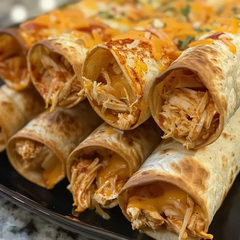 ['A close-up view of crispy homemade chicken taquitos filled with chicken and cheese.', 'Juicy chicken taquitos arranged neatly, showcasing a golden-brown exterior and filling.', 'Side view of taquitos with a vibrant filling, garnished with fresh toppings like salsa and guacamole.', 'Golden crispy taquitos filled with shredded chicken and melted cheese, displayed on a plate.']