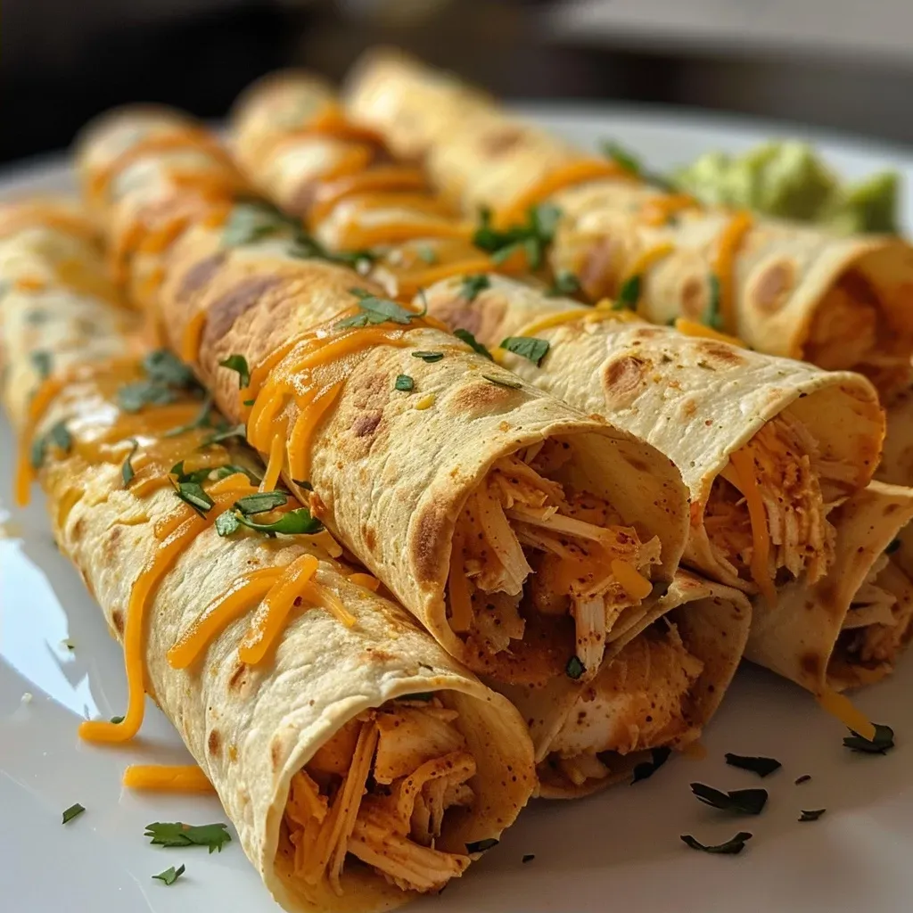 ['A close-up view of crispy homemade chicken taquitos filled with chicken and cheese.', 'Juicy chicken taquitos arranged neatly, showcasing a golden-brown exterior and filling.', 'Side view of taquitos with a vibrant filling, garnished with fresh toppings like salsa and guacamole.', 'Golden crispy taquitos filled with shredded chicken and melted cheese, displayed on a plate.']
