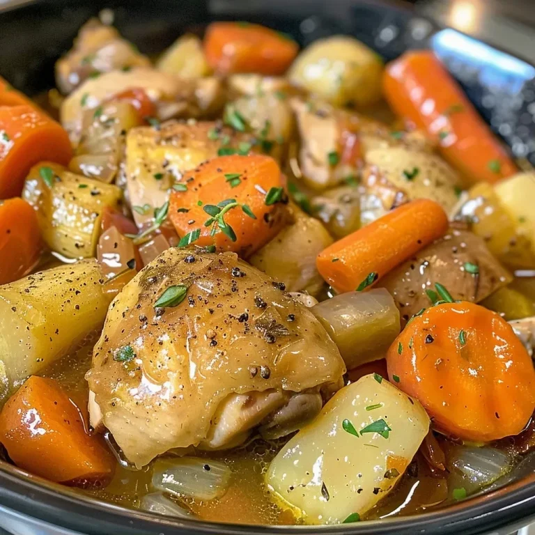 ['A close-up view of a serving of Fall Chicken and Vegetable Stew with vibrant vegetables.', 'A bowl filled with hearty chicken and colorful vegetables in a rich broth.', 'A side view of a steaming chicken stew showcasing chunks of chicken and sliced vegetables.', 'A detailed look at a delicious chicken stew, featuring carrots, parsnips, and thyme.']