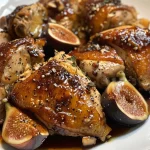 ['Close-up view of juicy Fig and Balsamic Chicken with fresh figs and herbs.', 'Side profile of succulent chicken thighs cooked with balsamic vinegar and figs.', 'Detailed shot of a plated Fig and Balsamic Chicken dish featuring herbs and sauce.', 'Juicy chicken thighs garnished with fresh thyme and sliced figs on a plate.']