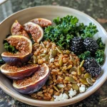 ['Side view of a colorful Fig and Farro grain bowl with fresh ingredients.', 'Close-up of a vibrant grain bowl featuring figs, farro, and greens.', 'Detailed shot of a Fig and Farro bowl garnished with pumpkin seeds and figs.', 'Overhead view of a grain bowl filled with farro, kale, and fresh figs.']
