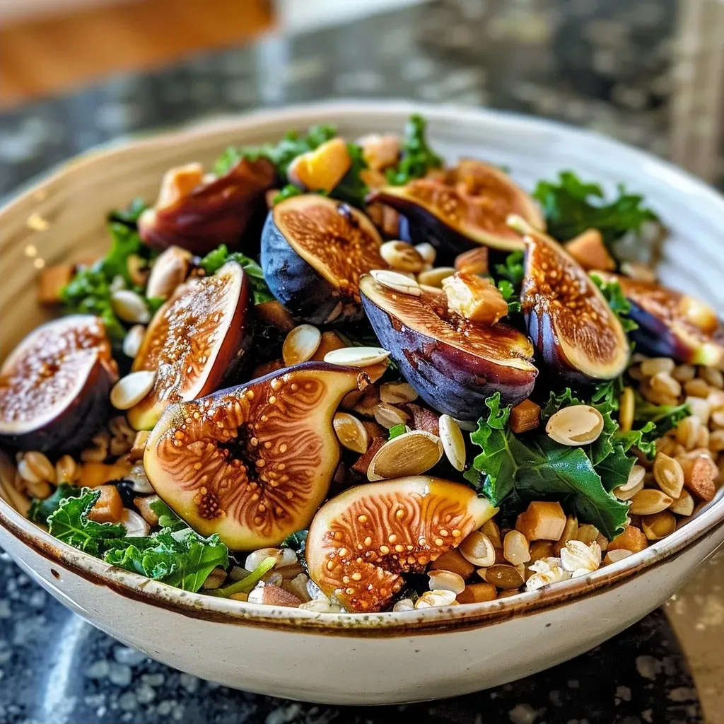 ['Side view of a colorful Fig and Farro grain bowl with fresh ingredients.', 'Close-up of a vibrant grain bowl featuring figs, farro, and greens.', 'Detailed shot of a Fig and Farro bowl garnished with pumpkin seeds and figs.', 'Overhead view of a grain bowl filled with farro, kale, and fresh figs.']