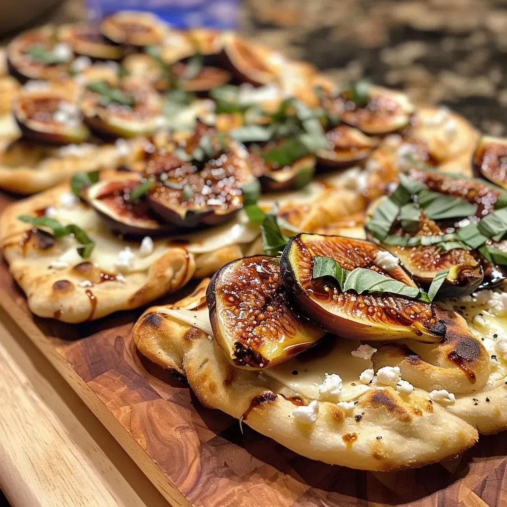 ['Close-up view of fig balsamic naan flatbreads topped with goat cheese and fresh basil.', 'Side view of naan flatbreads featuring sliced figs and melted mozzarella cheese.', 'Juicy naan flatbreads drizzled with balsamic glaze and garnished with chopped basil.', 'Delicious fig balsamic naan flatbreads showcasing vibrant toppings against a rustic background.']