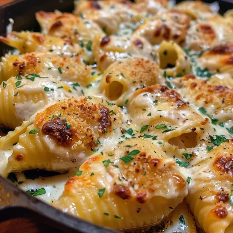 ['Close-up of stuffed pasta shells filled with chicken and creamy Alfredo sauce.', 'Juicy Garlic Butter Chicken Alfredo Stuffed Shells presented in a baking dish.', 'Side view of large pasta shells stuffed with chicken, garlic, and cheese.', 'Deliciously garnished Alfredo stuffed shells ready to serve.']