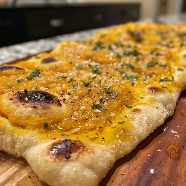 ['Close-up view of a golden-brown Garlic Pumpkin Flatbread topped with herbs.', 'Side view of a juicy Garlic Pumpkin Flatbread with visible garlic pieces and a rustic texture.', 'Lush Garlic Pumpkin Flatbread with a rich orange hue, showcasing flecks of garlic.', 'Appetizing slice of Garlic Pumpkin Flatbread on a wooden board, garnished with herbs.']