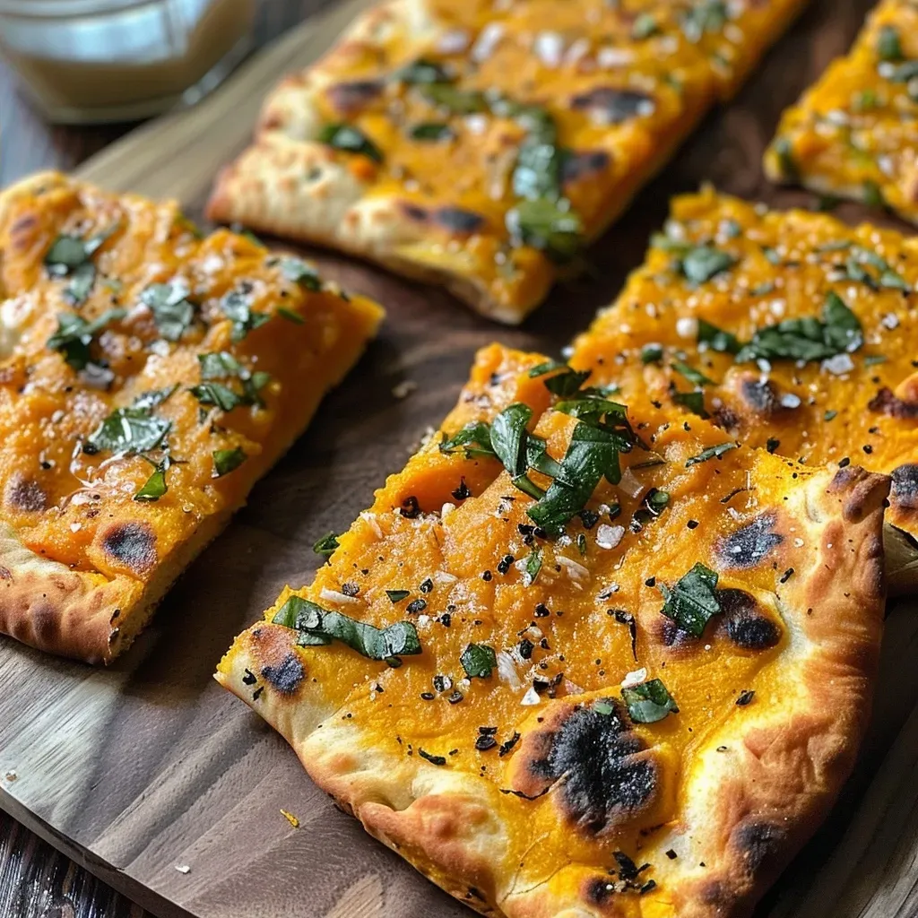 ['Close-up view of a golden-brown Garlic Pumpkin Flatbread topped with herbs.', 'Side view of a juicy Garlic Pumpkin Flatbread with visible garlic pieces and a rustic texture.', 'Lush Garlic Pumpkin Flatbread with a rich orange hue, showcasing flecks of garlic.', 'Appetizing slice of Garlic Pumpkin Flatbread on a wooden board, garnished with herbs.']