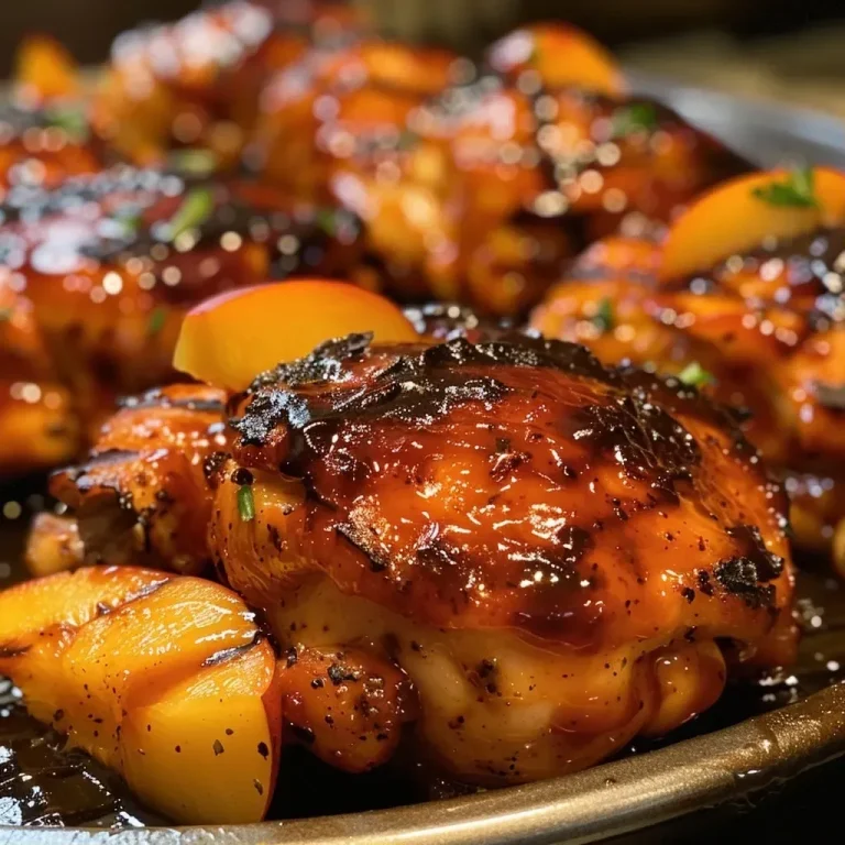 ['Close-up view of grilled chicken thighs topped with peach slices and BBQ sauce.', 'Juicy grilled bourbon peach BBQ chicken with vibrant peach colors and a glistening glaze.', 'Side view of succulent chicken thighs garnished with peaches and a rich BBQ sauce.', 'A mouthwatering plate of grilled chicken thighs with caramelized peaches and spices.']