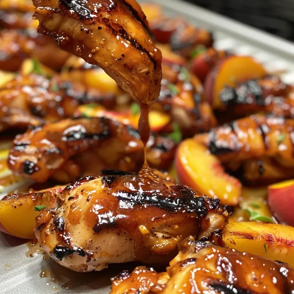 ['Close-up view of grilled chicken thighs topped with peach slices and BBQ sauce.', 'Juicy grilled bourbon peach BBQ chicken with vibrant peach colors and a glistening glaze.', 'Side view of succulent chicken thighs garnished with peaches and a rich BBQ sauce.', 'A mouthwatering plate of grilled chicken thighs with caramelized peaches and spices.']